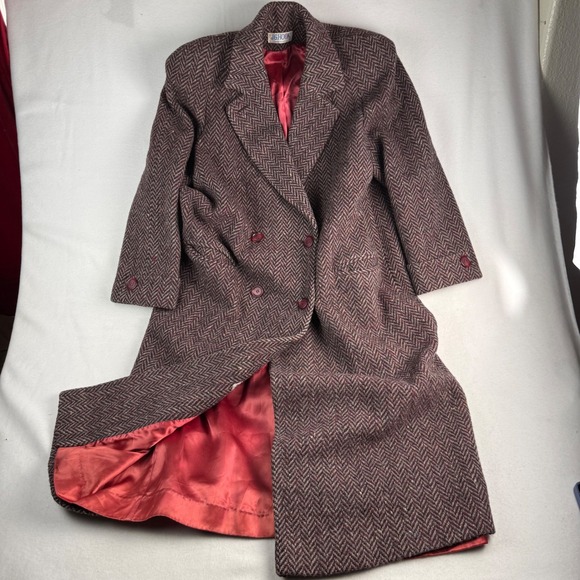 j.g. hook Jackets & Blazers - Vintage J.G. Hook Burgundy Herringbone Wool Double Breasted Overcoat USA Made
